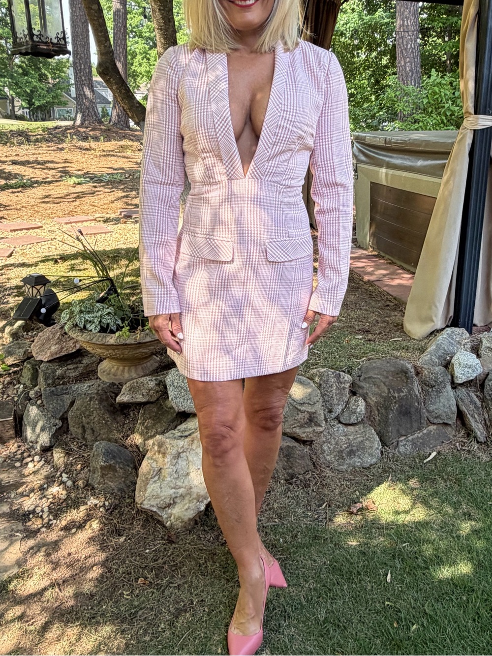 Tailored Pink Plaid Long-Sleeve Mini Dress - Unbranded